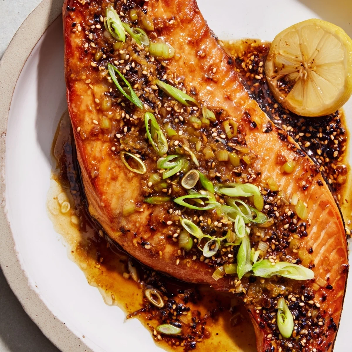 Pan-seared Ginger Soy Glazed Salmon: tender flaked salmon coated in a sweet and savory sauce.