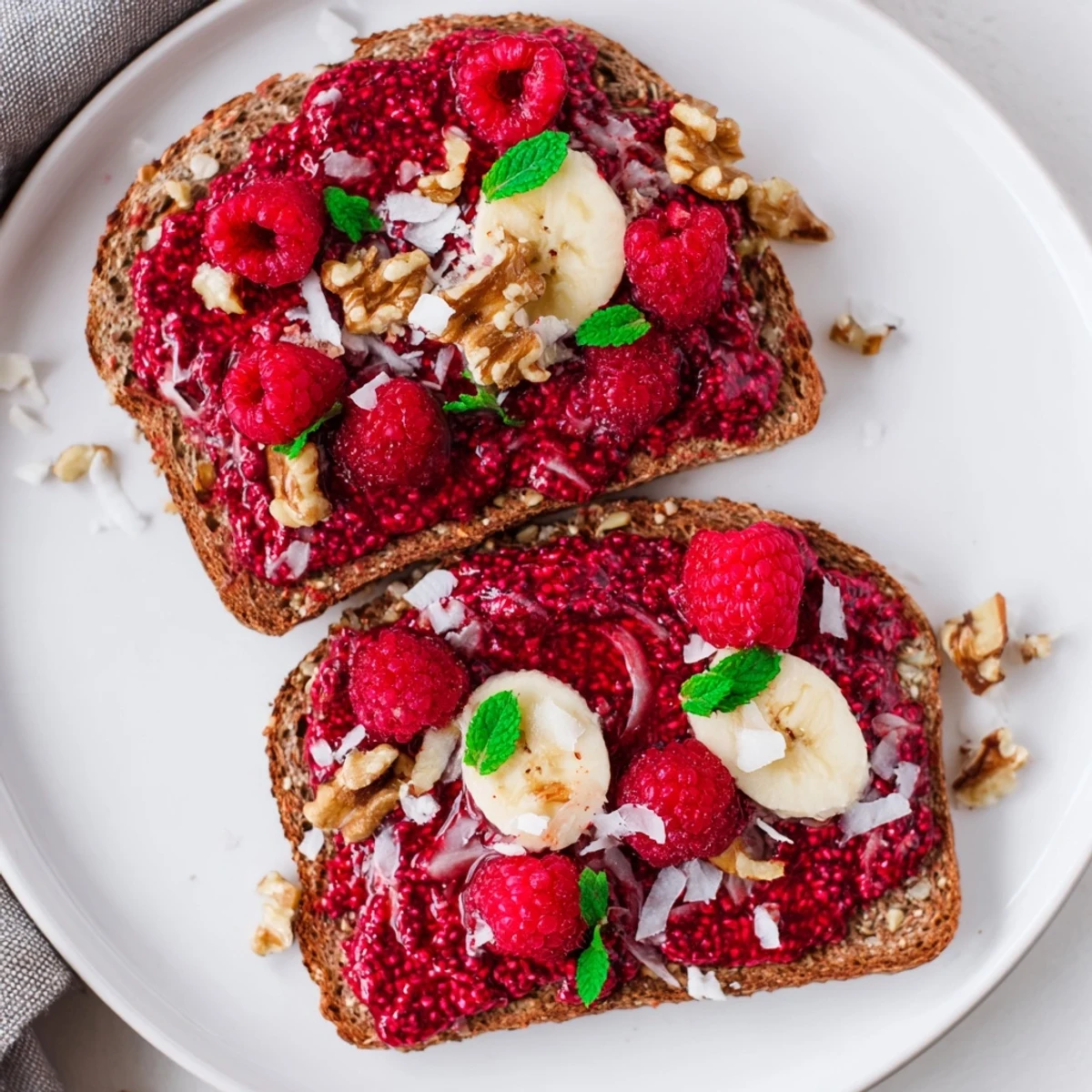 Close-up view of vibrant raspberry chia jam toast, a delightful breakfast treat, visually appealing.