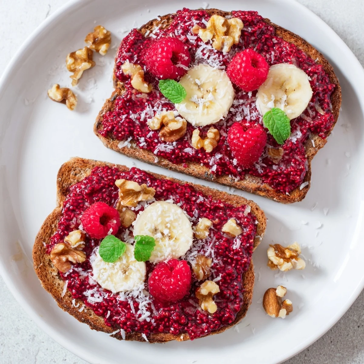 Fresh raspberries adorn the delicious raspberry chia jam toast, a quick and healthy vegan breakfast.