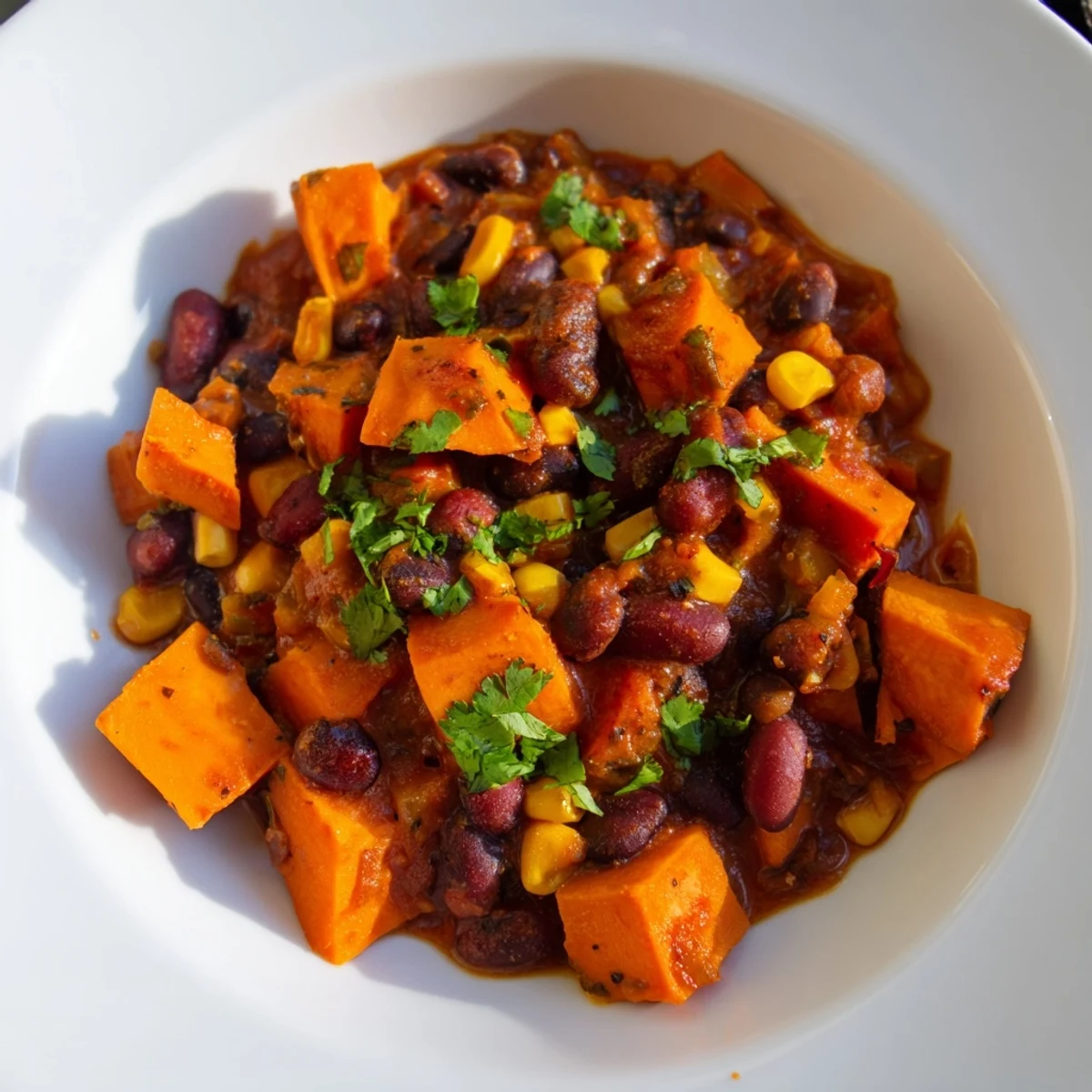 Bowl of Smoky Sweet Potato Chili with vibrant red, orange, and green ingredients ready to be enjoyed.