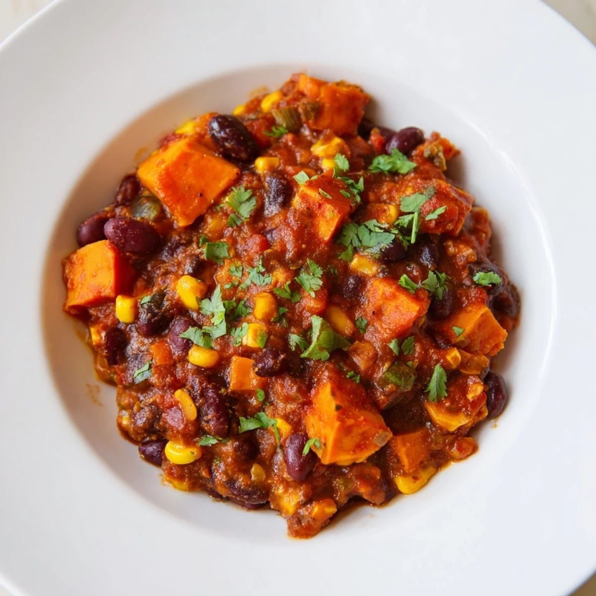 Close-up of the delicious Smoky Sweet Potato Chili; imagine the savory aroma and rich flavors.