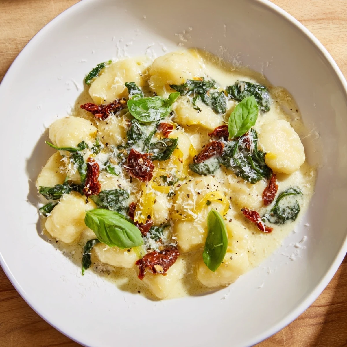 Warm, creamy Tuscan gnocchi with sun-dried tomatoes and spinach, a flavorful vegetarian meal.