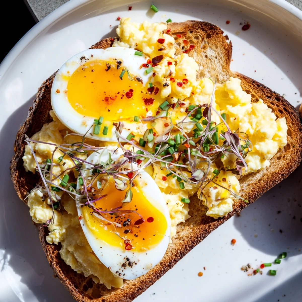Golden toast topped with fried, scrambled, and soft-boiled eggs for the Egg Flight Toast.