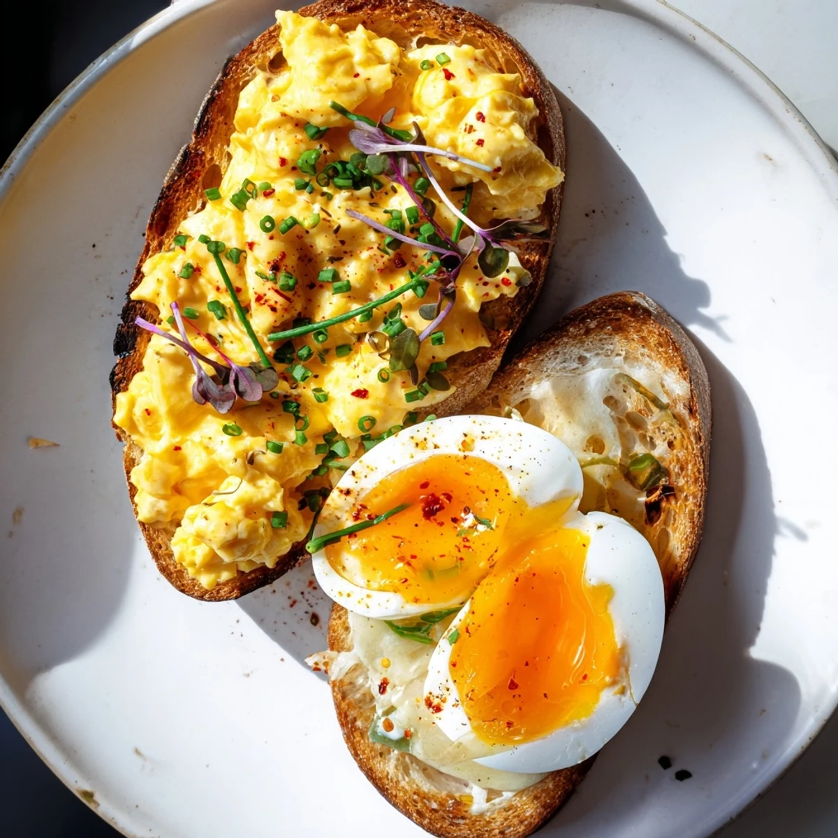Savory and visually stunning Egg Flight Toast showcasing three egg preparations on a rustic toast slice.