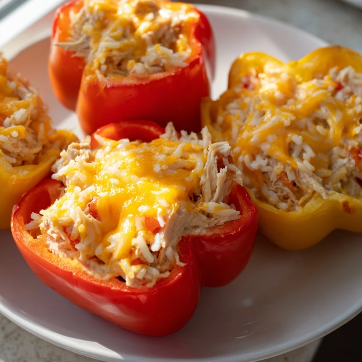 Golden, bubbly Cheesy Chicken Stuffed Peppers, a family-favorite meal with tender chicken and rice.