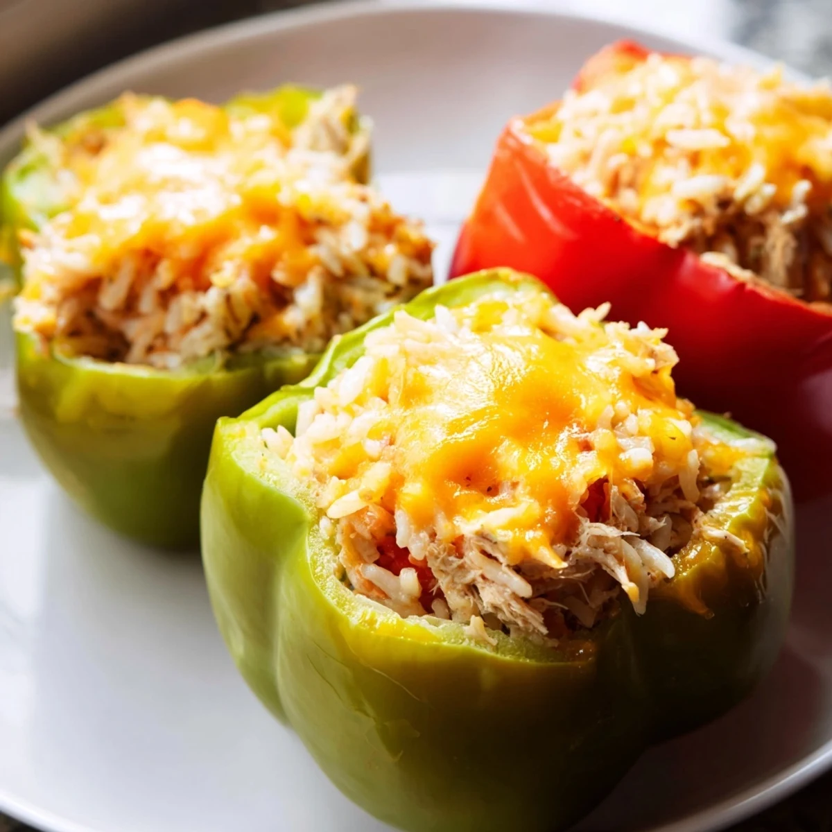 A close-up of cheesy, savory Cheesy Chicken Stuffed Peppers, baked to golden perfection and ready to serve.