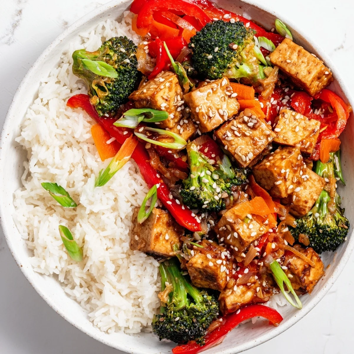 Golden-brown crispy tofu glistens atop fluffy rice, drenched in the sweet honey garlic glaze.