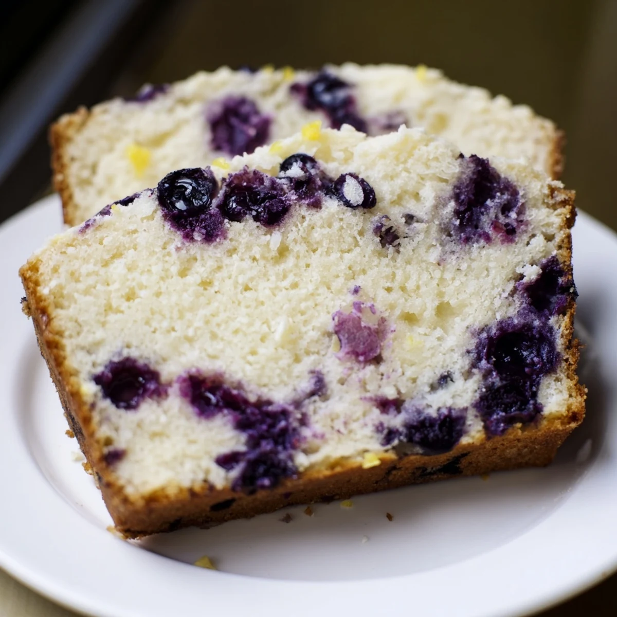A slice of Lemon Blueberry Yogurt Loaf showcasing juicy blueberries and zesty lemon glaze.