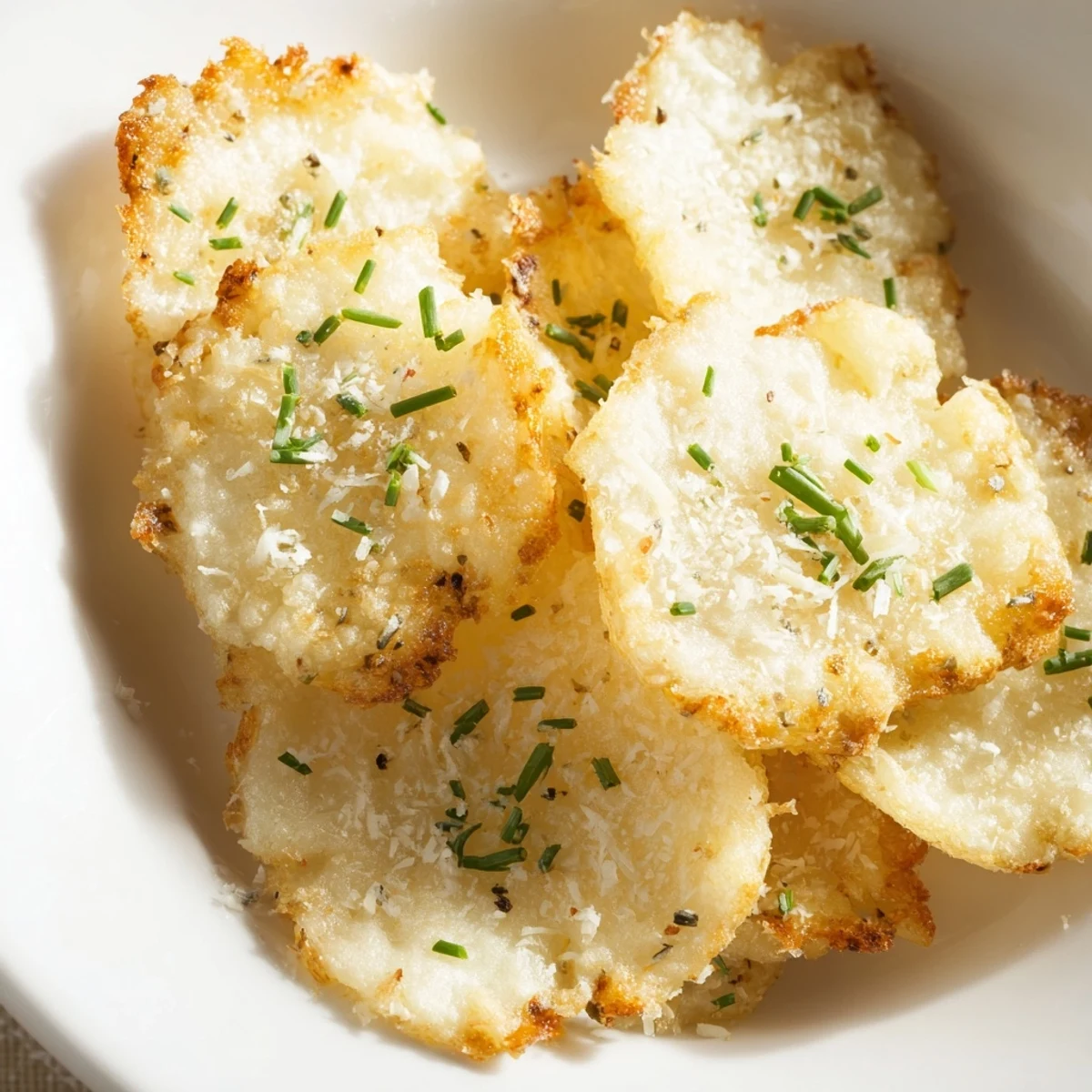 Golden-brown, crispy cottage cheese chips, a healthy and savory baked snack, perfect for dipping.