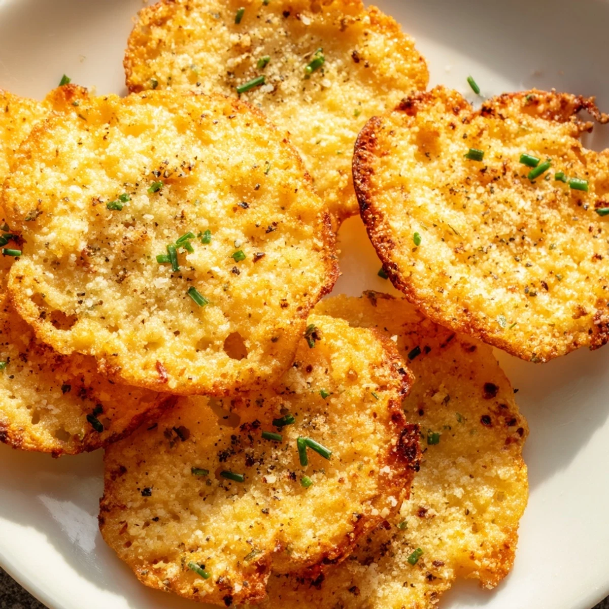Thin, baked cottage cheese chips with visible herbs and spices ready for a satisfying, crunchy bite.