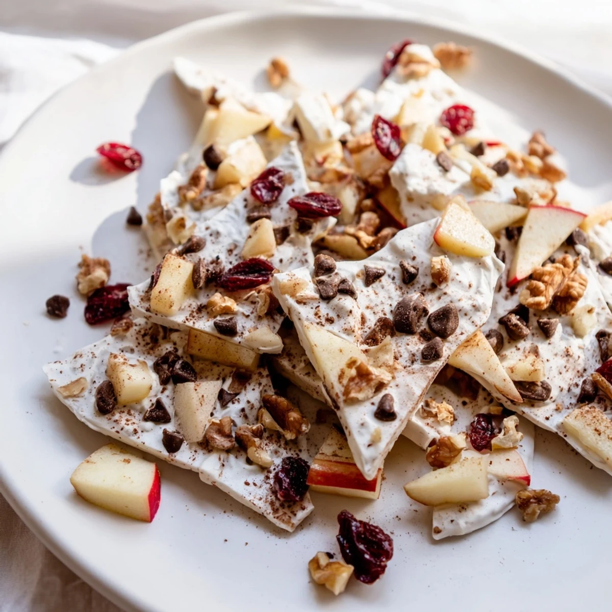 Frozen Apple Cinnamon Yogurt Bark, swirled with apple pieces and ready to break and eat.