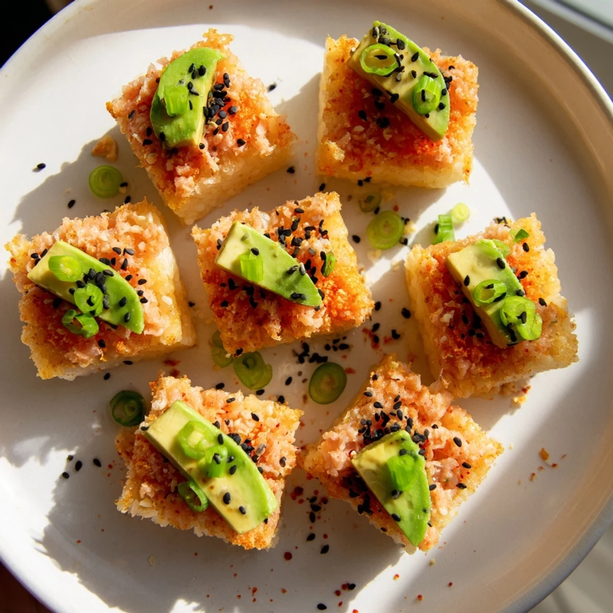 A close-up view offers a beautiful arrangement of Spicy Tuna Crispy Rice, ready to eat, with avocado garnish.