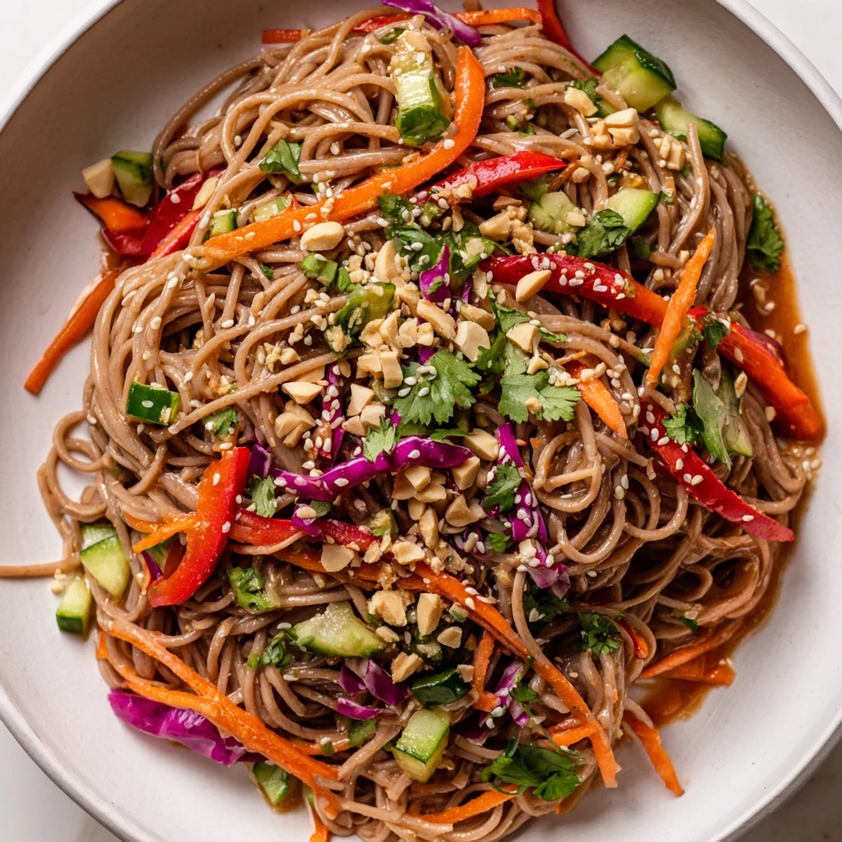Close-up of sesame seeds atop a delicious cold noodle salad with sesame-ginger dressing.