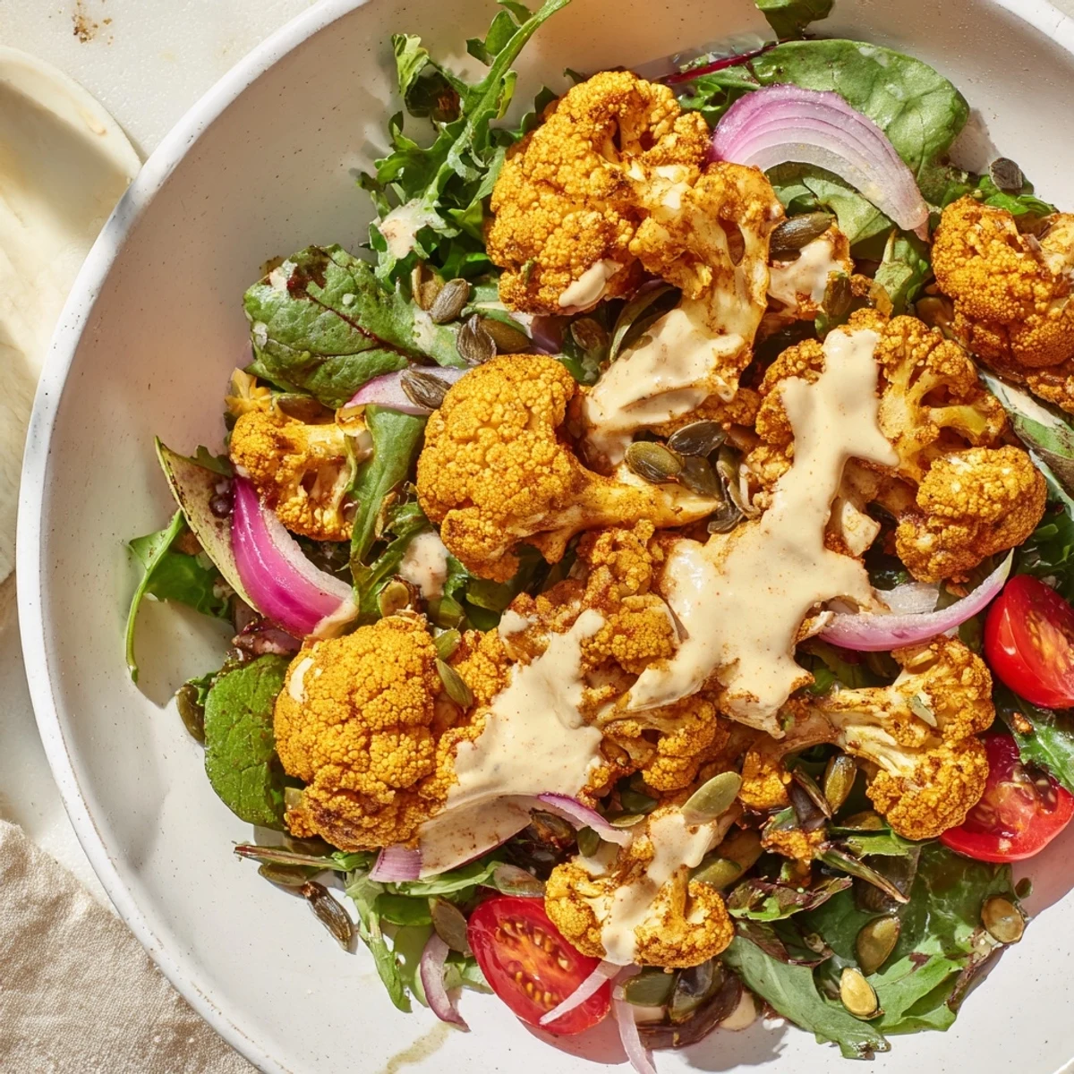 Air-fried Crispy Cauliflower Salad: Golden cauliflower florets atop fresh greens, drizzled with creamy tahini sauce.