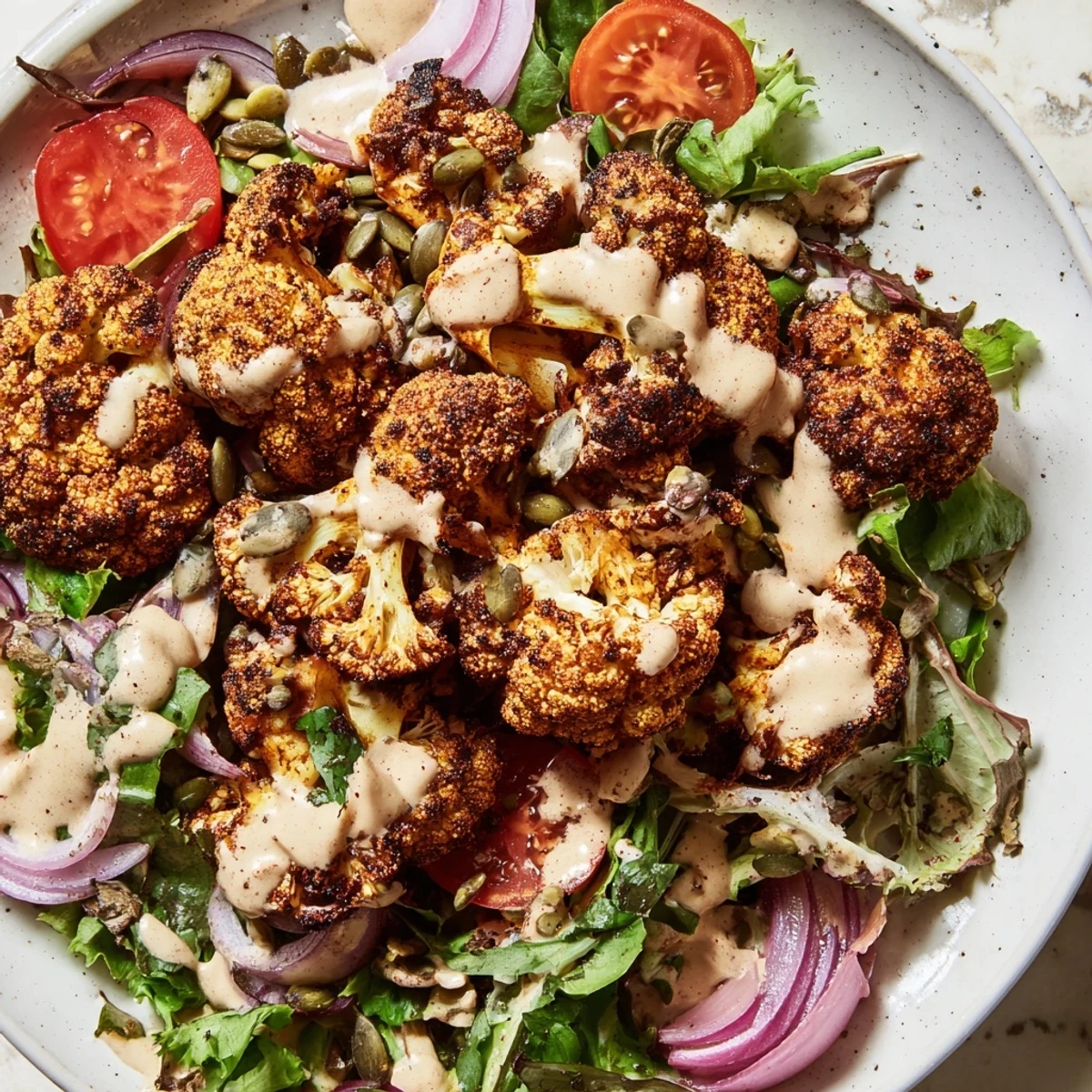 Delectable Crispy Cauliflower Salad with vibrant tomatoes and onions, all smothered in a rich tahini dressing, ready to eat.