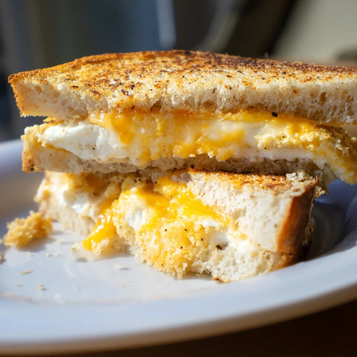 Golden, crispy feta fried eggs atop melted cheese between grilled bread making Feta Fried Eggs Grilled Cheese.