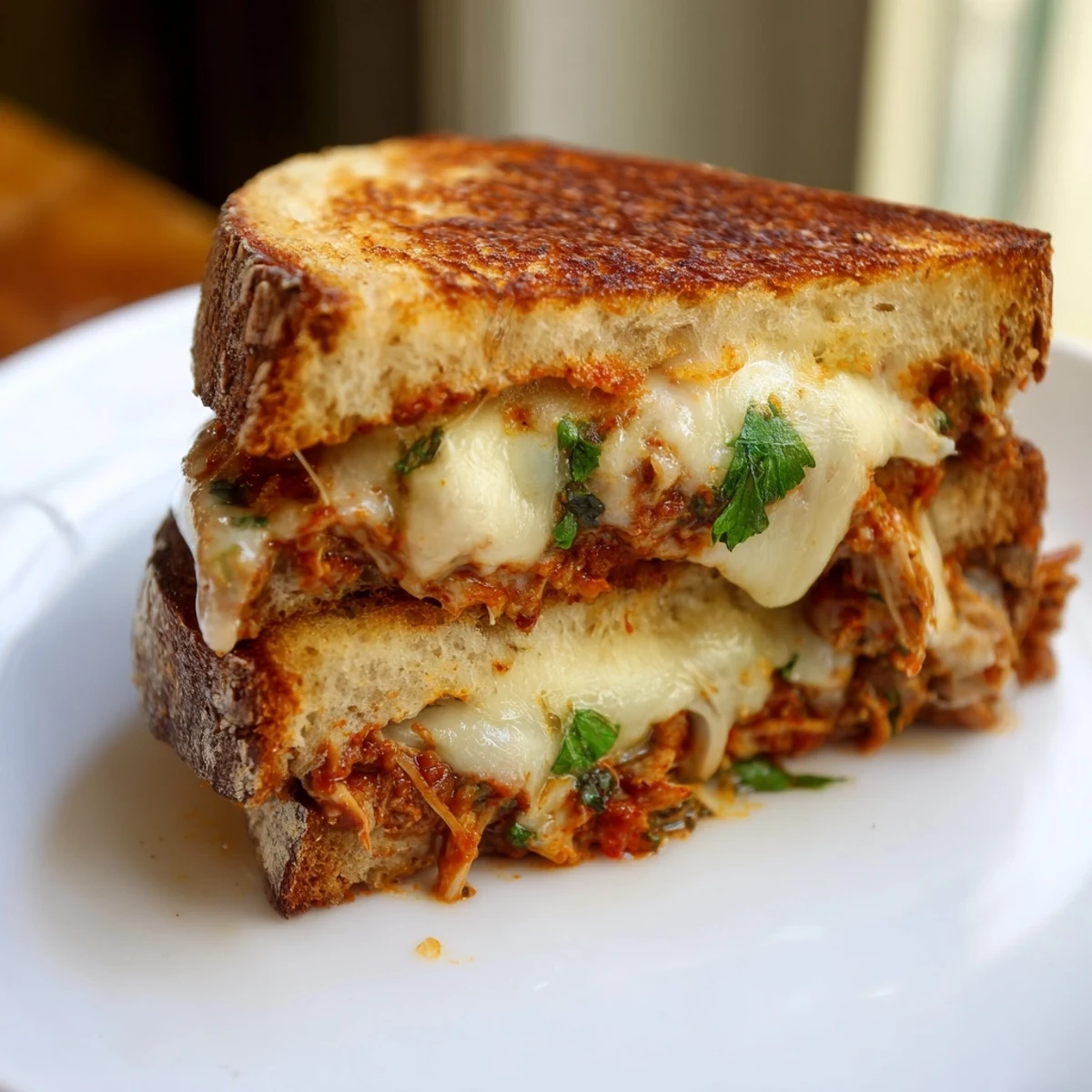 Golden, grilled Savory Butter Chicken Grilled Cheese sandwich oozing melted cheese, ready to eat.