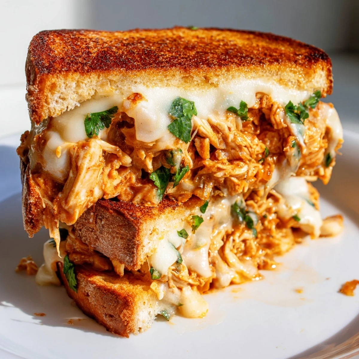 A close-up shot of a melty Savory Butter Chicken Grilled Cheese, perfectly grilled with toasted edges and golden brown.