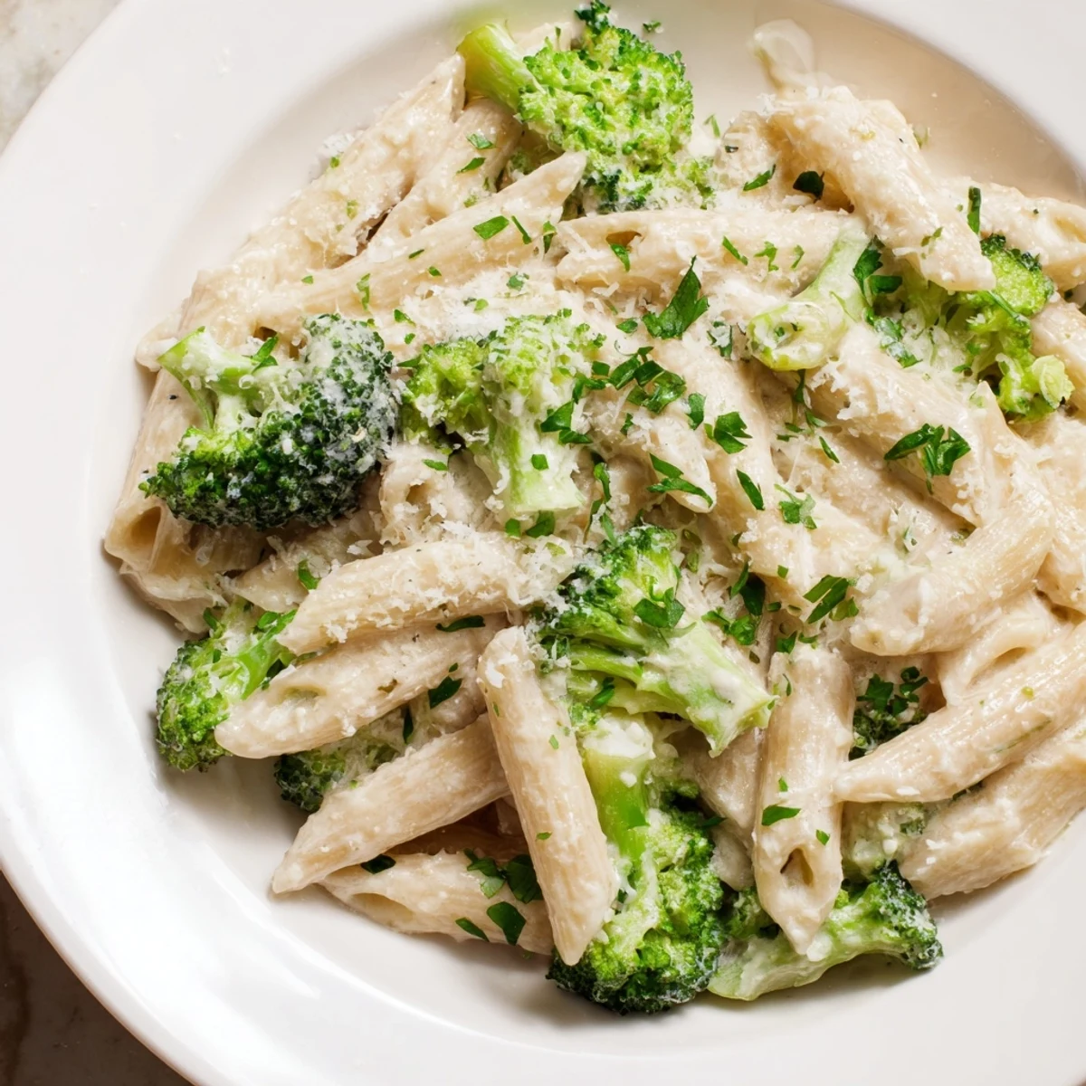 A close-up of delicious cream cheese garlic pasta, smelling of garlic and ready to be enjoyed.
