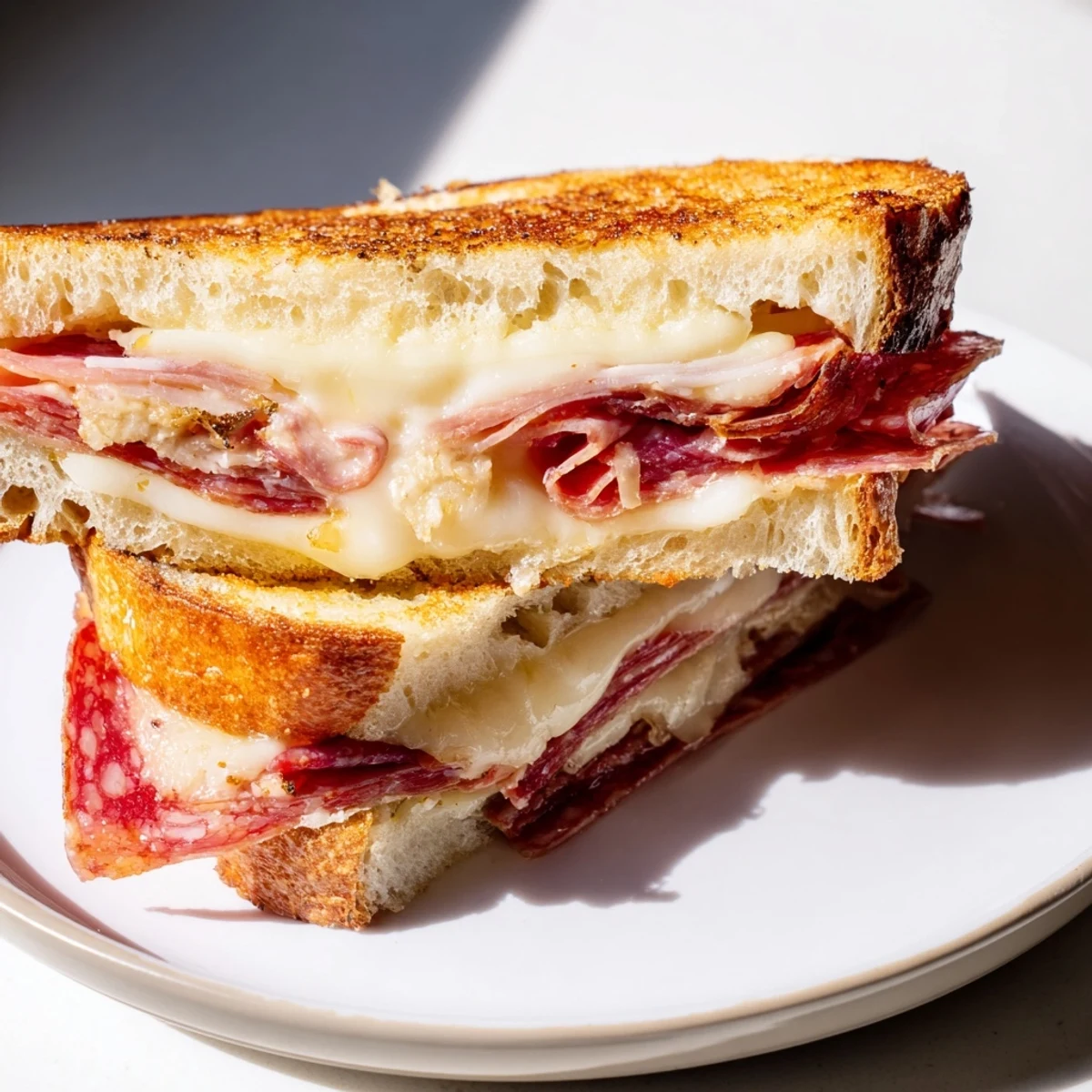 Golden and melty Charcuterie Grilled Cheese sandwich, a delightful blend of meats and cheeses.