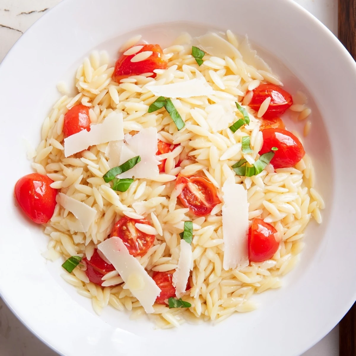 Steaming bowl of orzo tomato Parmesan: a delicious, colorful Italian pasta dish ready to serve.