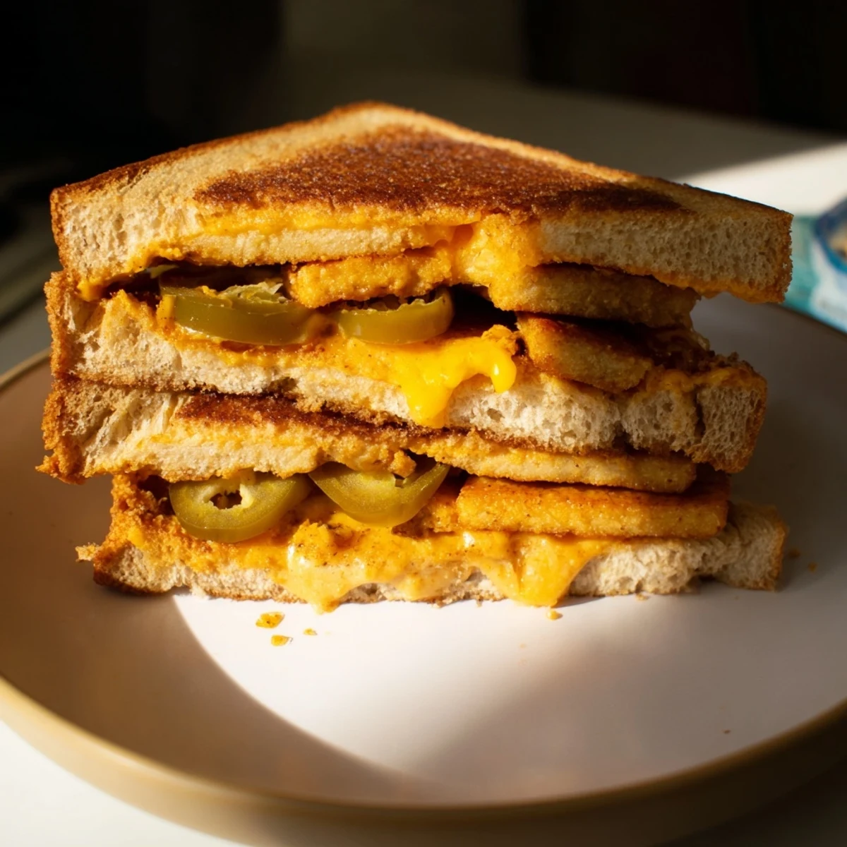 Golden-brown, crispy Spicy Crispy Tofu Grilled Cheese with melted vegan cheese, ready to eat.