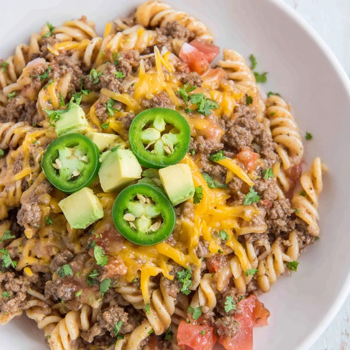 Beef Taco Pasta Skillet bubbling in a skillet, topped with melted cheese, perfect for a cozy dinner.