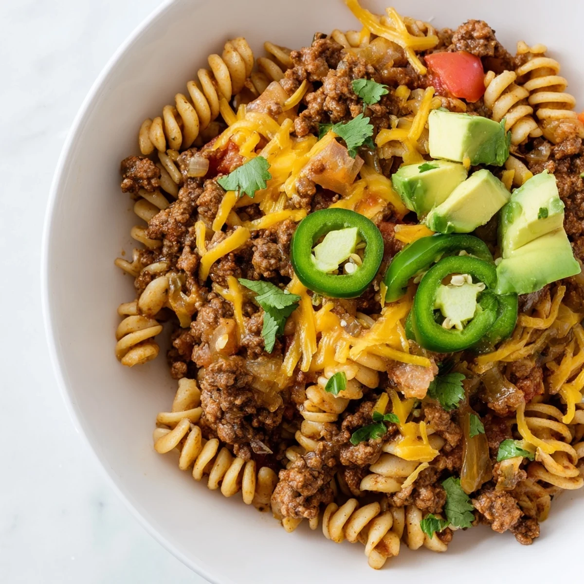 Close-up of a flavorful Beef Taco Pasta Skillet, showcasing tender pasta and seasoned ground beef.