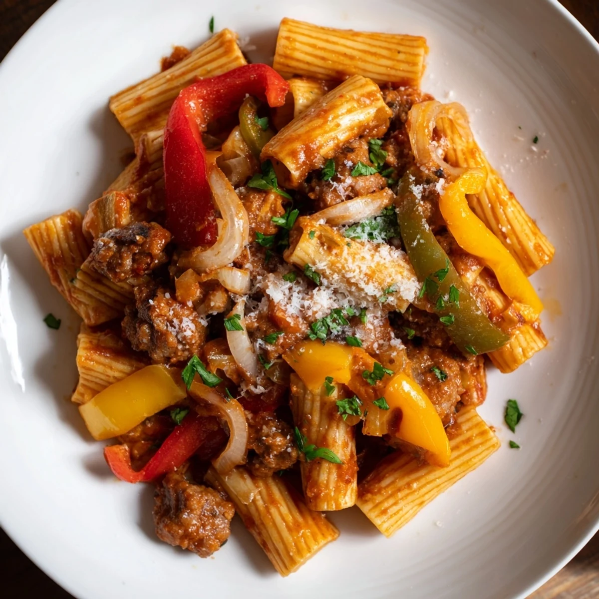Sausage and Peppers Pasta: a vibrant dish with colorful peppers and savory Italian sausage.
