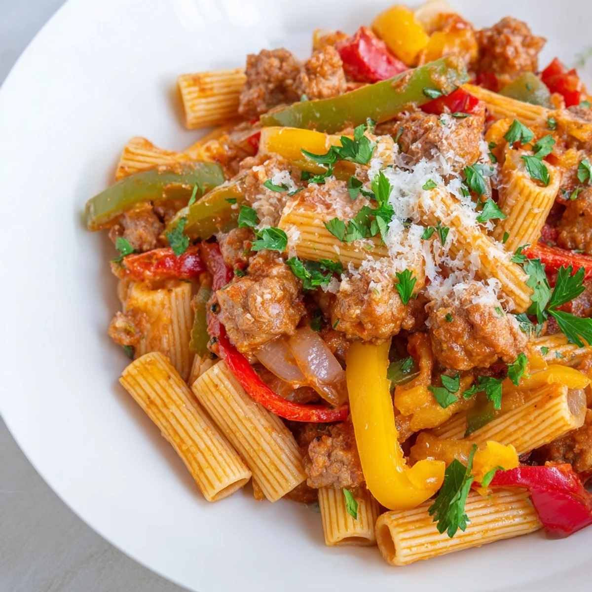 Delicious Sausage and Peppers Pasta, showcasing tender sausage, peppers, and rich tomato sauce.