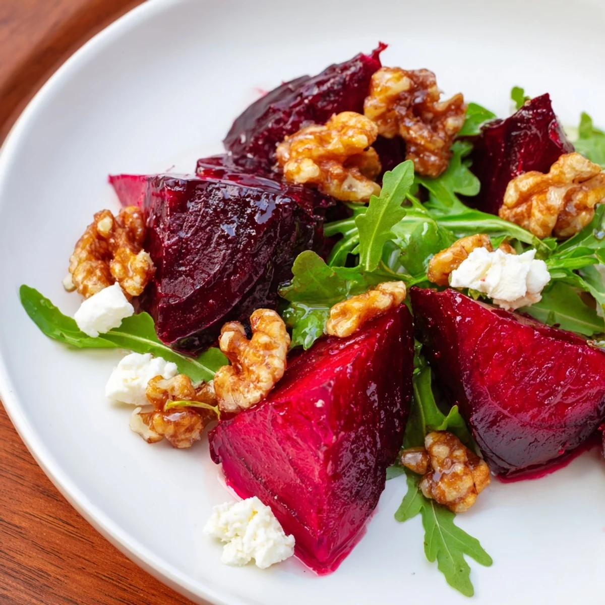 The warm colors of a Roasted Beet Walnut Salad entice, with roasted beets, goat cheese crumbles, and walnuts.