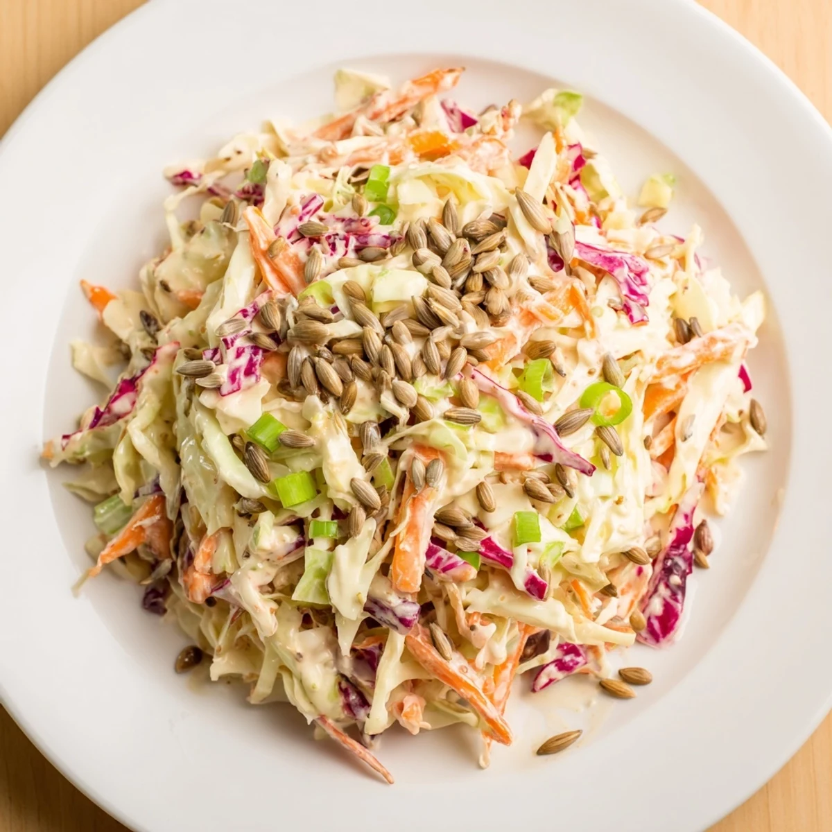 Crisp Crunchy Coleslaw Salad, a colorful mix of cabbage and carrots, topped with crunchy sunflower seeds.