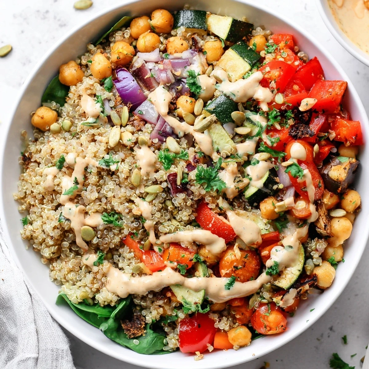 A colorful Quinoa Power Protein Salad with roasted vegetables and a creamy dressing, ready to enjoy.