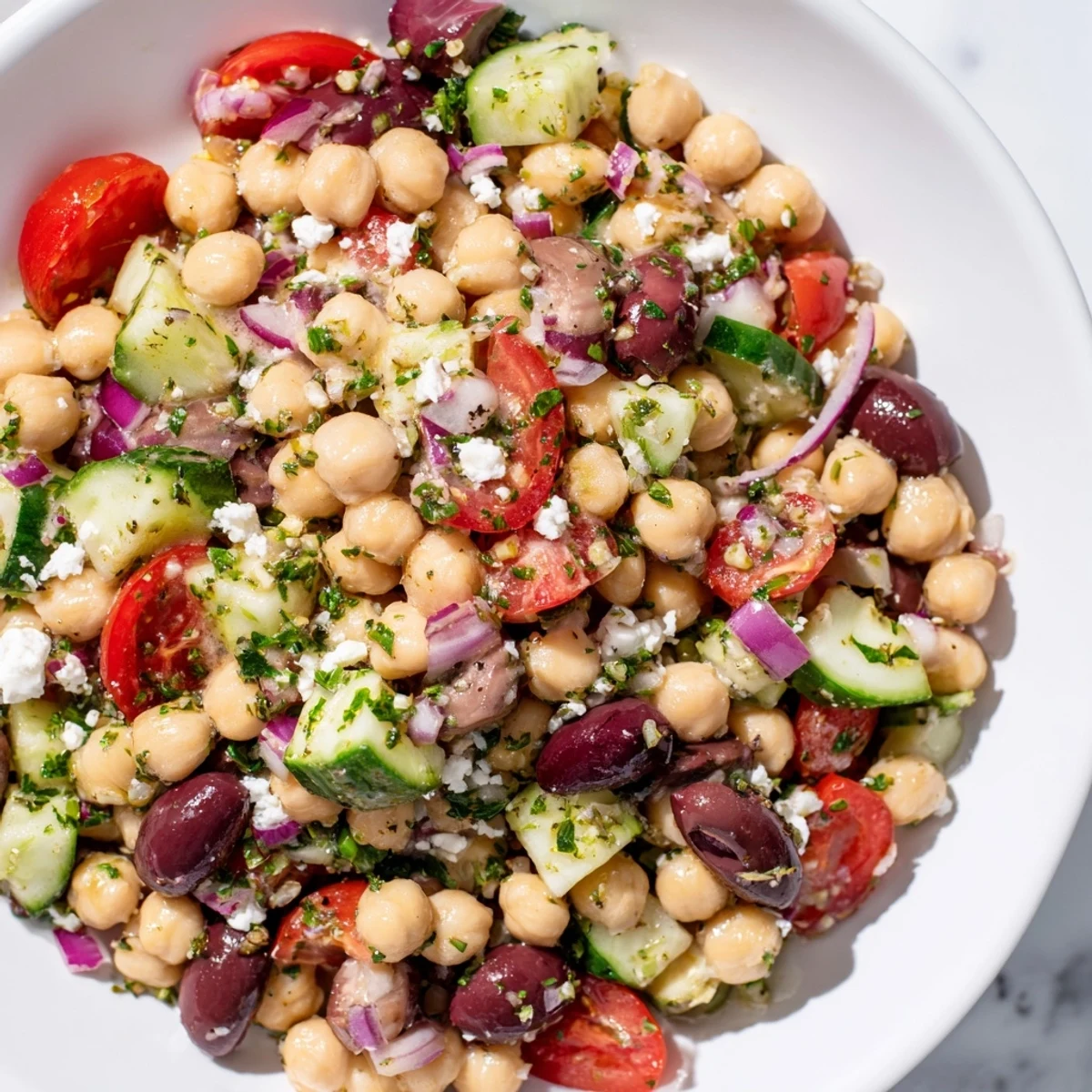 Mediterranean Chickpea Salad, a colorful mix of chickpeas, vegetables and feta, drizzled with lemon dressing.