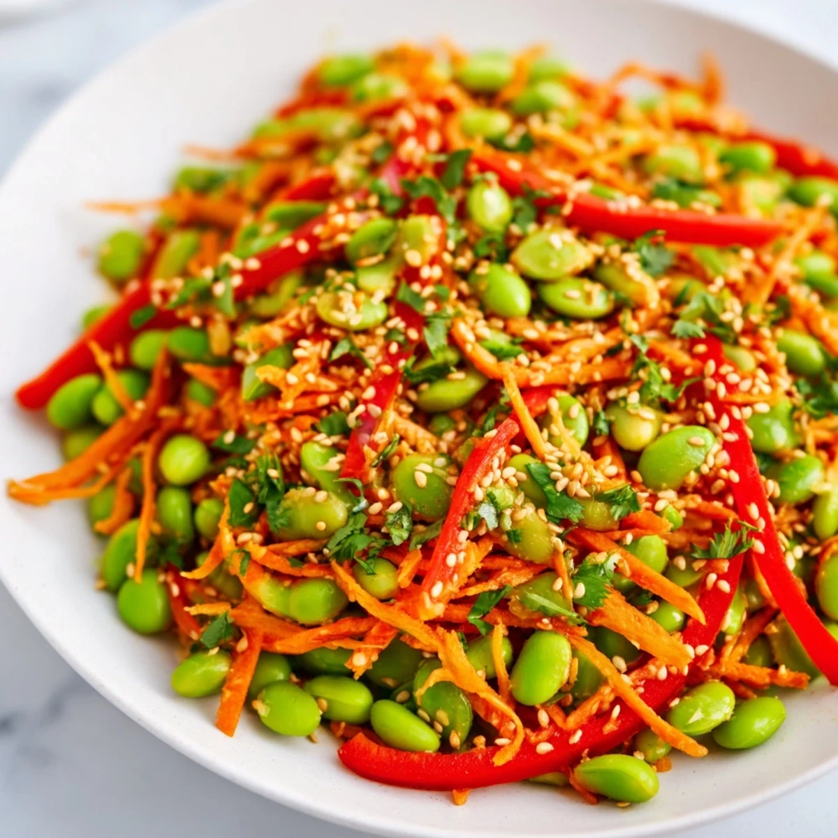 Bowl of colorful Asian Edamame Salad, featuring sesame seeds and a zesty ginger dressing.