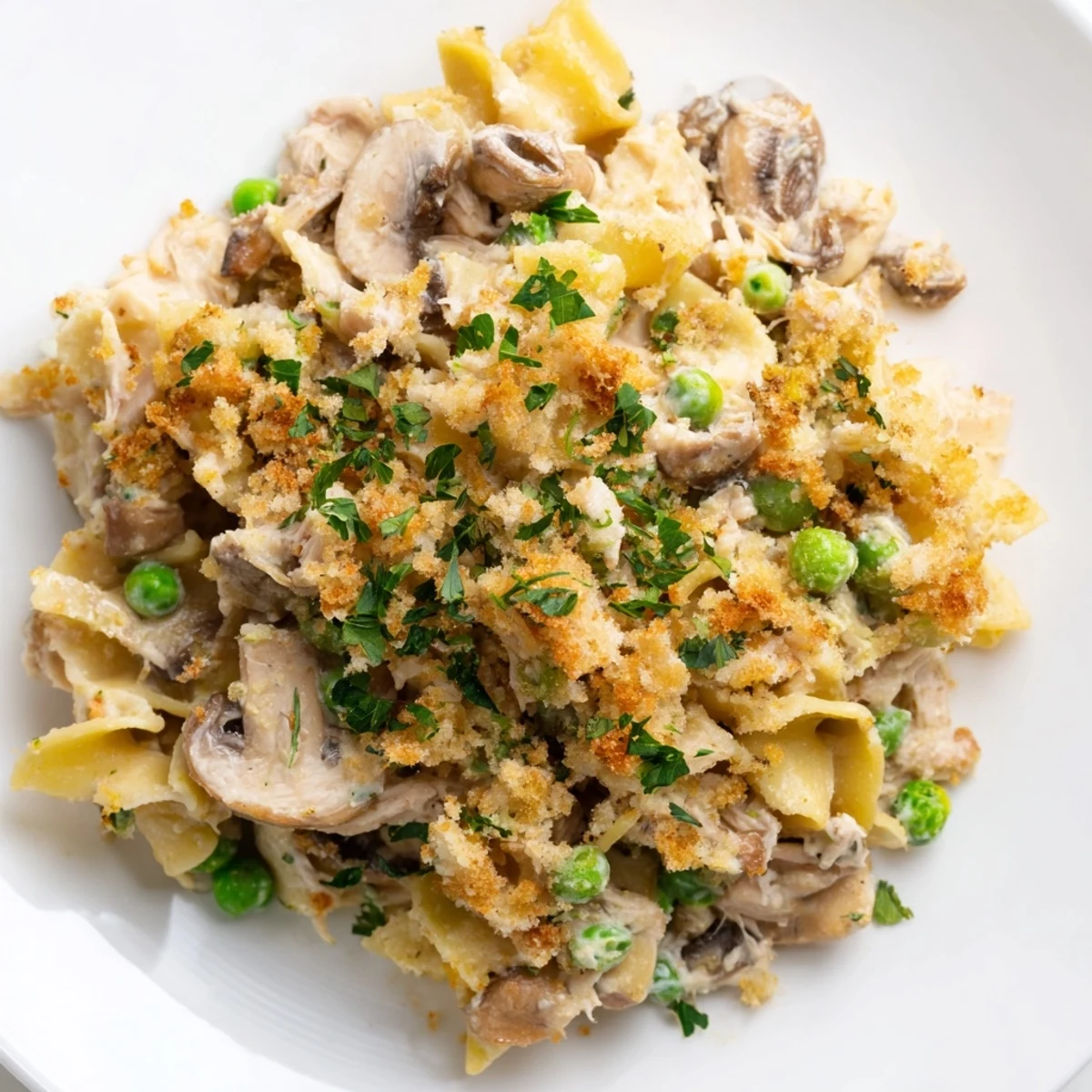 Steaming tuna noodle casserole with golden, bubbly topping, ready for serving.