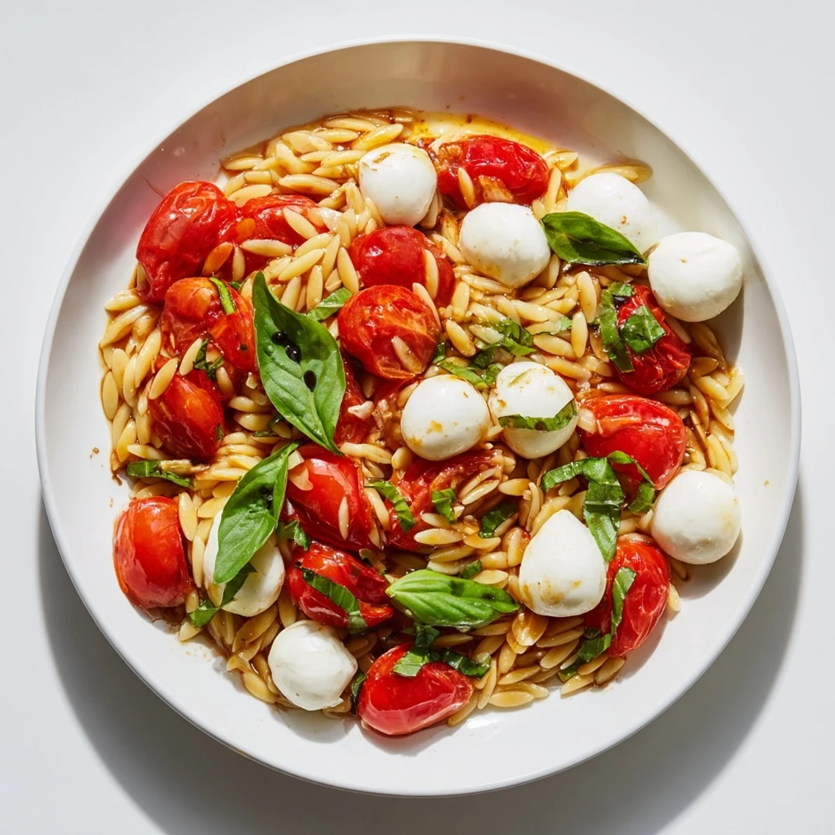 A beautiful Caprese Orzo Salad featuring bright red tomatoes and creamy mozzarella, drizzled with balsamic.