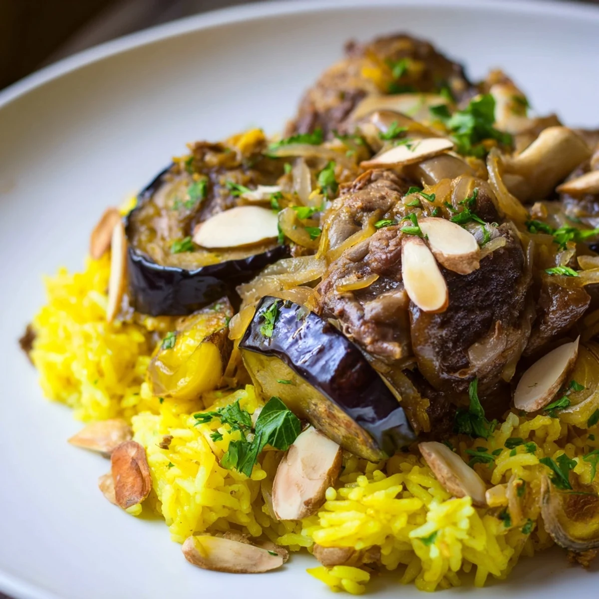 Inverted Palestinian Maqluba, showcasing tender lamb, flavorful rice, and beautifully arranged vegetables.