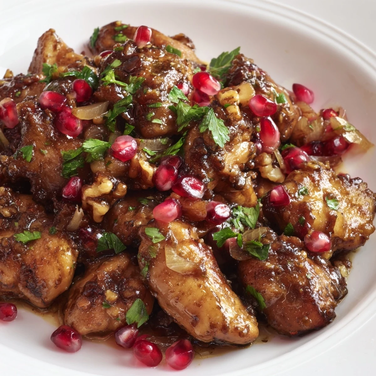 A steaming bowl of Iranian Fesenjan stew, with a rich, dark sauce and tender chicken.