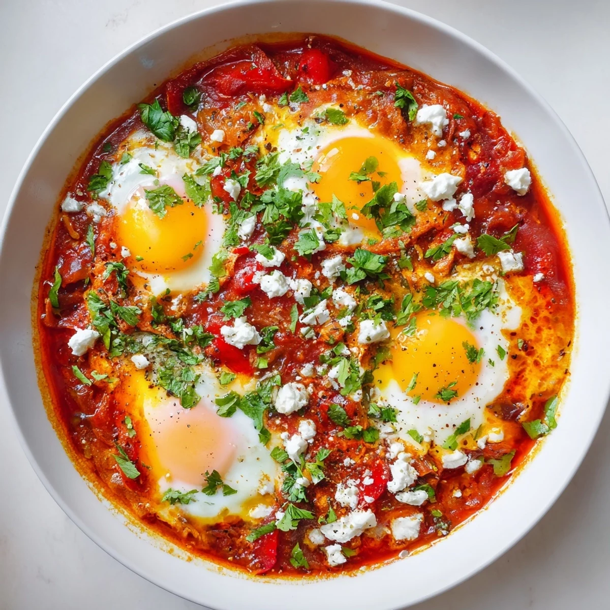 Golden, runny yolks peek from the vibrant Israeli Shakshuka, served with herb and cheese toppings.