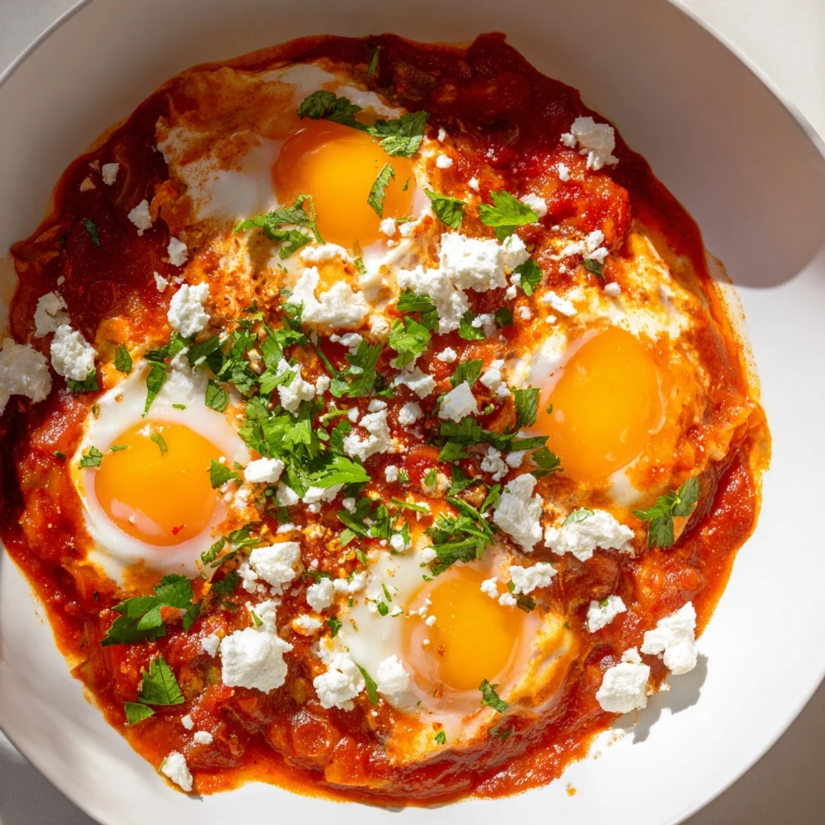 Steaming hot Israeli Shakshuka featuring rich tomato sauce, perfectly poached eggs, and fresh herbs.