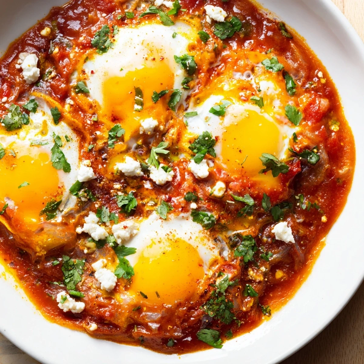 This delicious Israeli Shakshuka features a flavorful tomato and pepper base with perfectly cooked eggs.