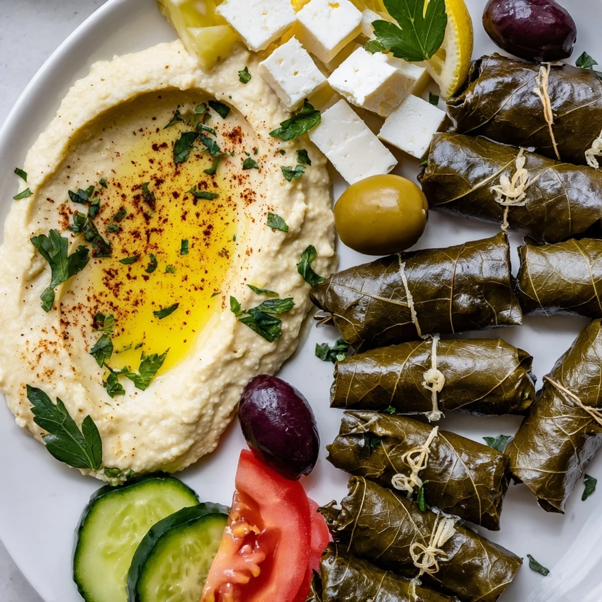 A Turkish Meze Platter overflowing with colorful dips, cheeses, olives, and fresh vegetables, ready to enjoy.