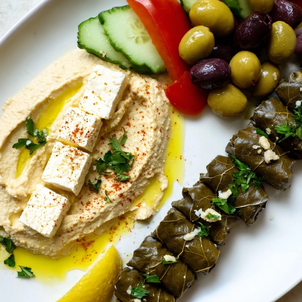 Close-up of a Turkish Meze Platter, showcasing creamy hummus, savory dolmas, and a variety of cheeses.