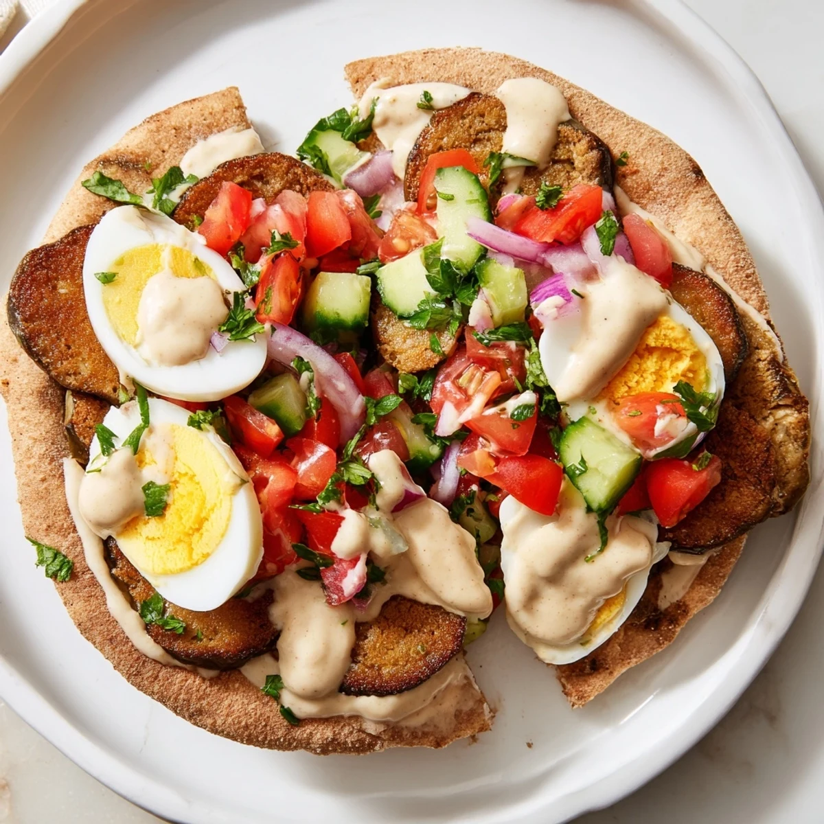 Golden-brown fried eggplant and creamy tahini inside a hearty Israeli Sabich, ready to enjoy.