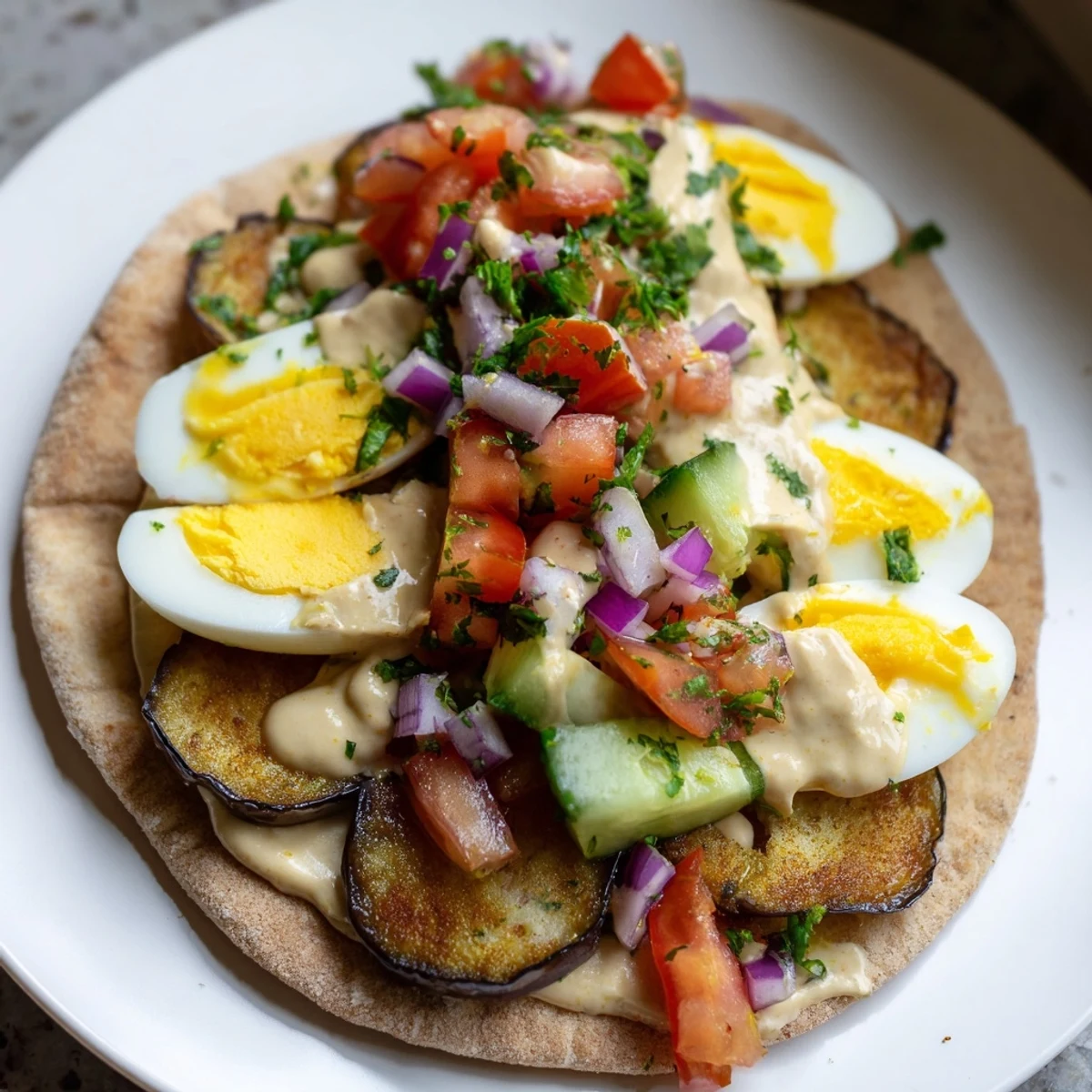 A fully-loaded Israeli Sabich, bursting with colorful Israeli salad, fresh herbs, and tahini drizzle.