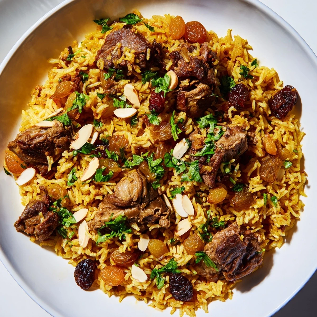 Steaming hot Saudi Kabsa rice with fluffy grains, tender meat, and toasted almonds, a perfect family meal.