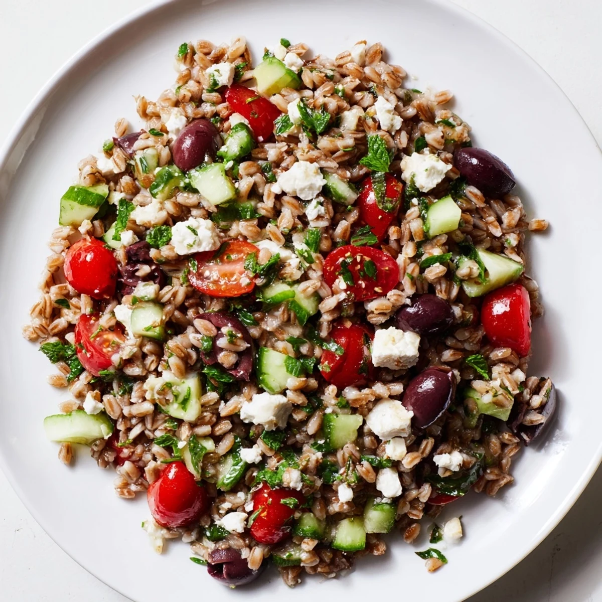 Cool Mediterranean farro salad with juicy tomatoes, crisp cucumbers, tangy feta, and briny Kalamata olives tossed in a lemon-oregano vinaigrette.