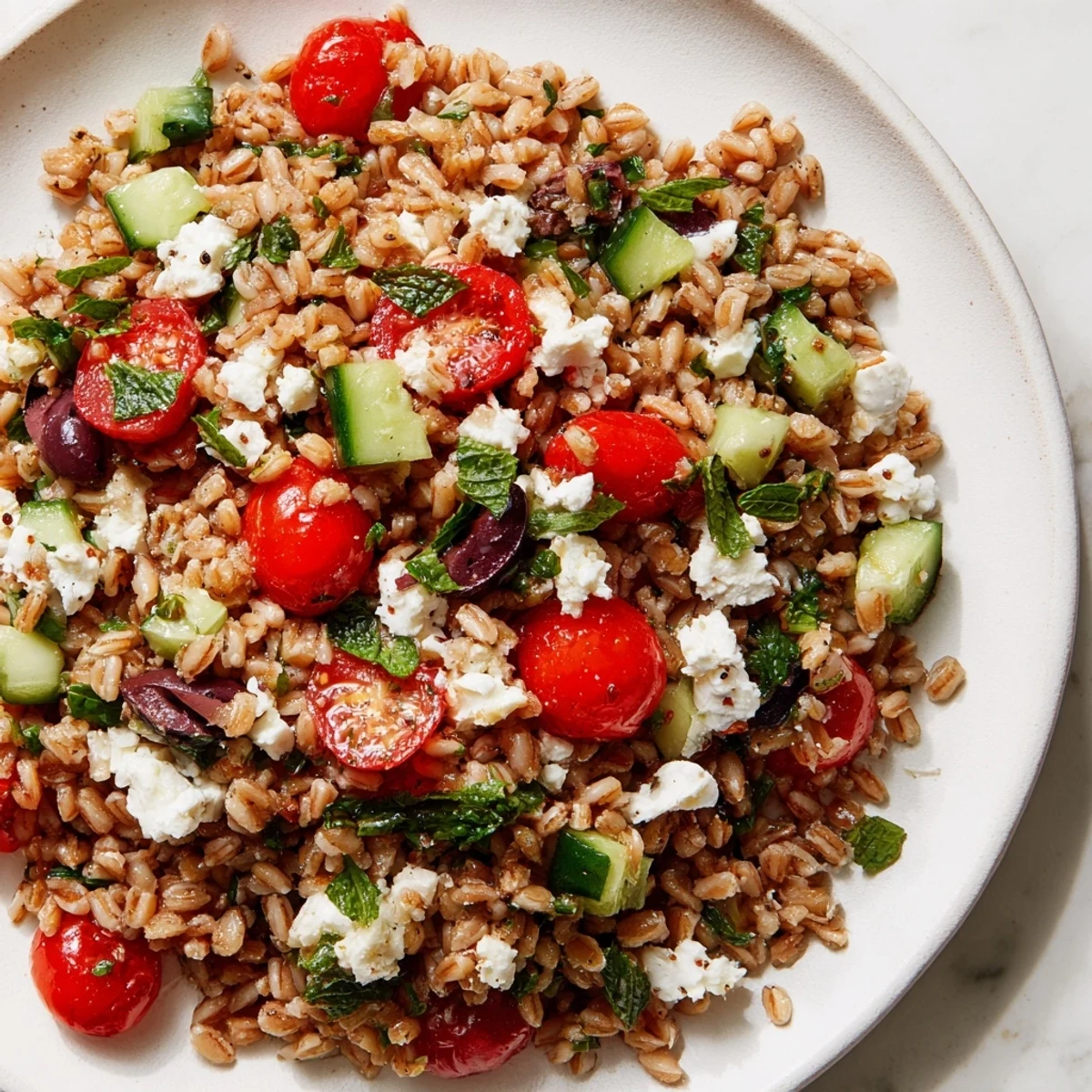 Vibrant bowl of Mediterranean farro salad with tomatoes, cucumbers, Kalamata olives, crumbled feta, and herbs in a bright lemon-oregano dressing.
