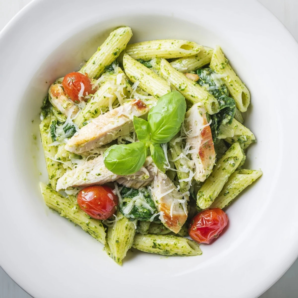 Steaming Pesto Chicken Pasta is served in a white bowl, garnished with fresh basil and grated Parmesan.